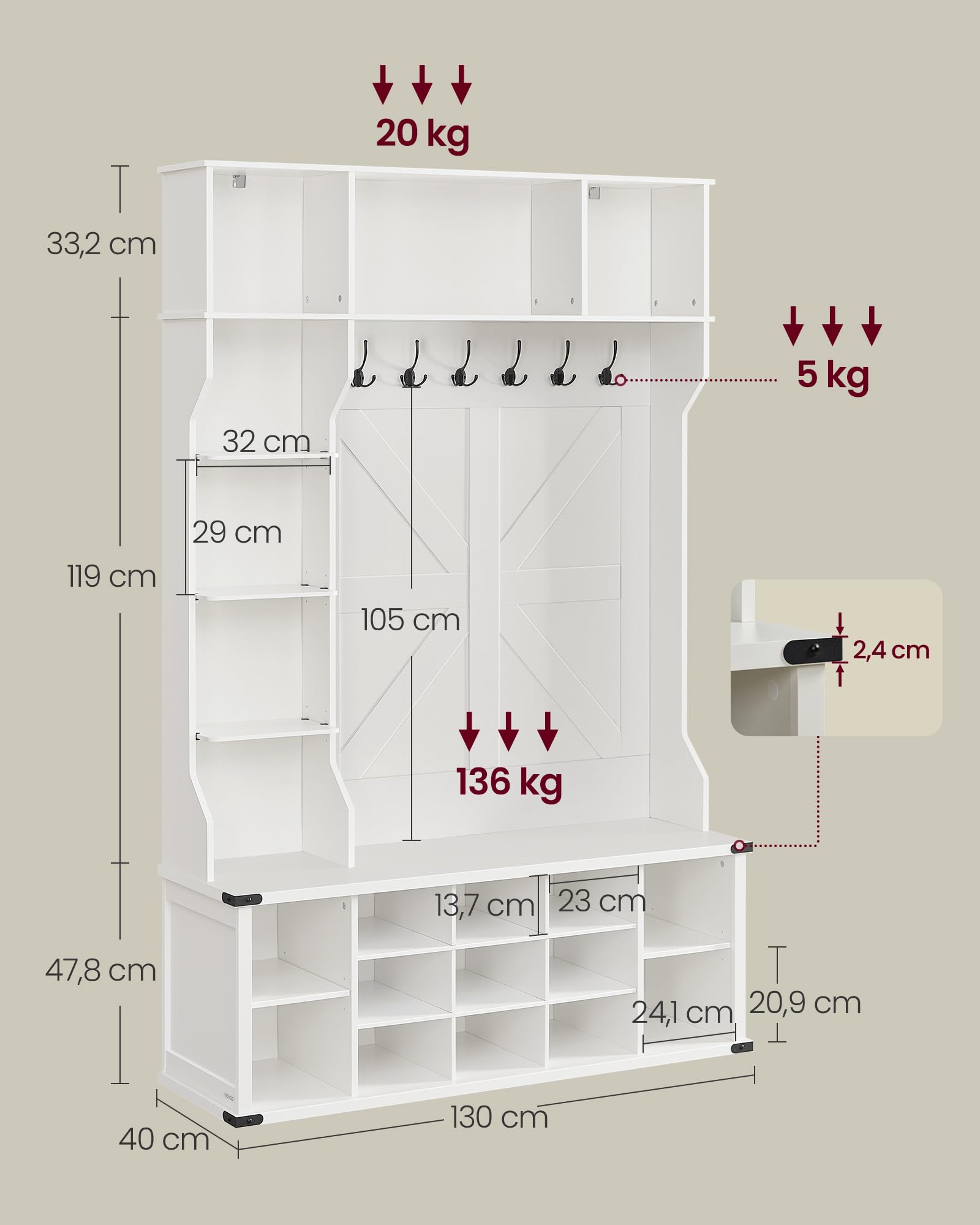 VASAGLE Appendiabiti Ingresso con Panca Scarpiera, Mobile Ingresso da Terra, Ripiani Regolabili, 20 Scomparti Aperti, 6 Ganci Tripli, Salvaspazio, Entrata Corridoio, Bianco Nuvola HSR440W03