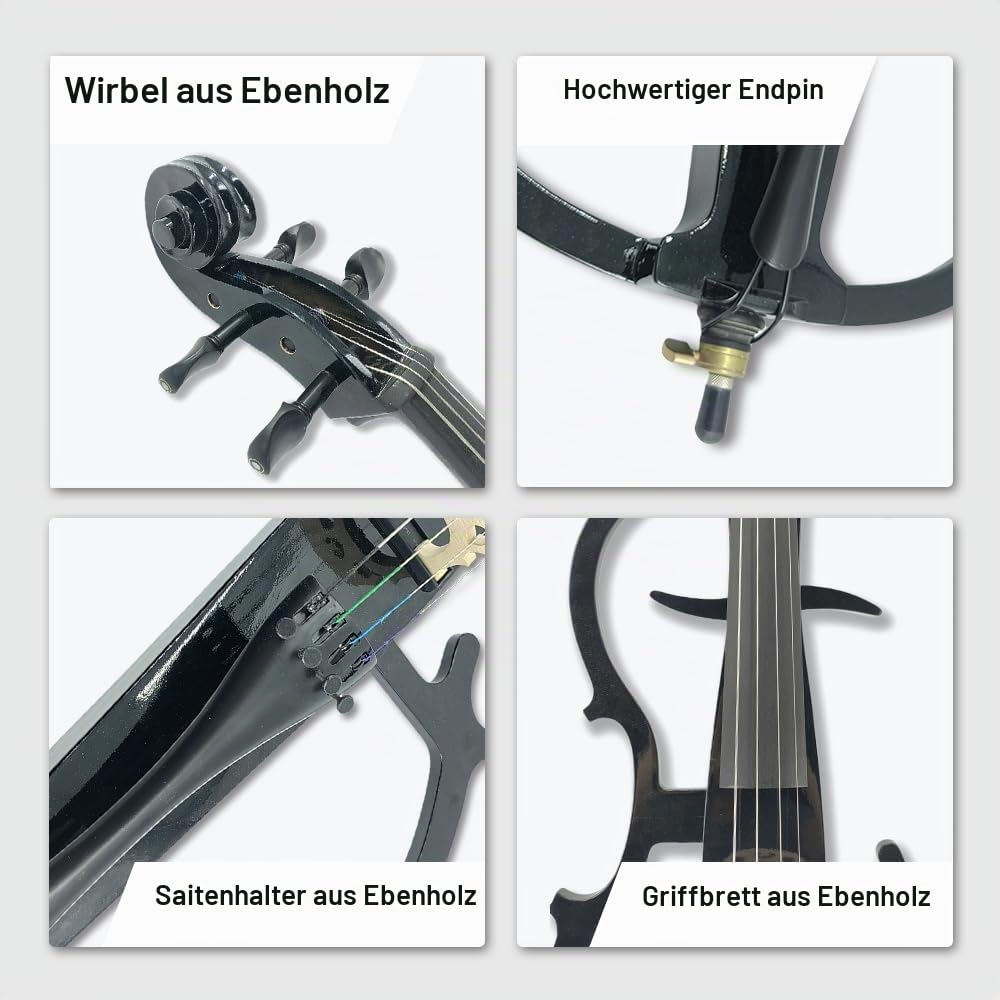 Elektrisches Cello-Set für Anfänger (inklusive leichter Cellophan-Tasche, Stereo-Kopfhörer, Premium-Cellobogen, Brücke, Kolophonium) für erwachsene Schüler (03)
