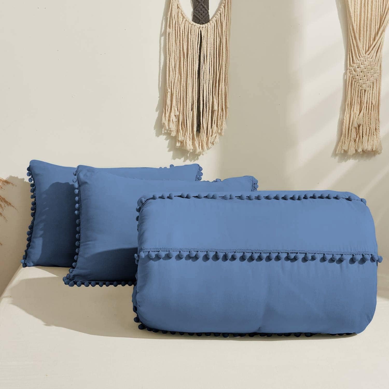 Tony's Textiles 5 Piece Boho Chic Pom Pom Comforter, All Season Down Alternative Bedding Comforter with 4 Pillow Shams (King/California King Size, Medium Blue) 1000 Thread Count | 550 GSM Filling