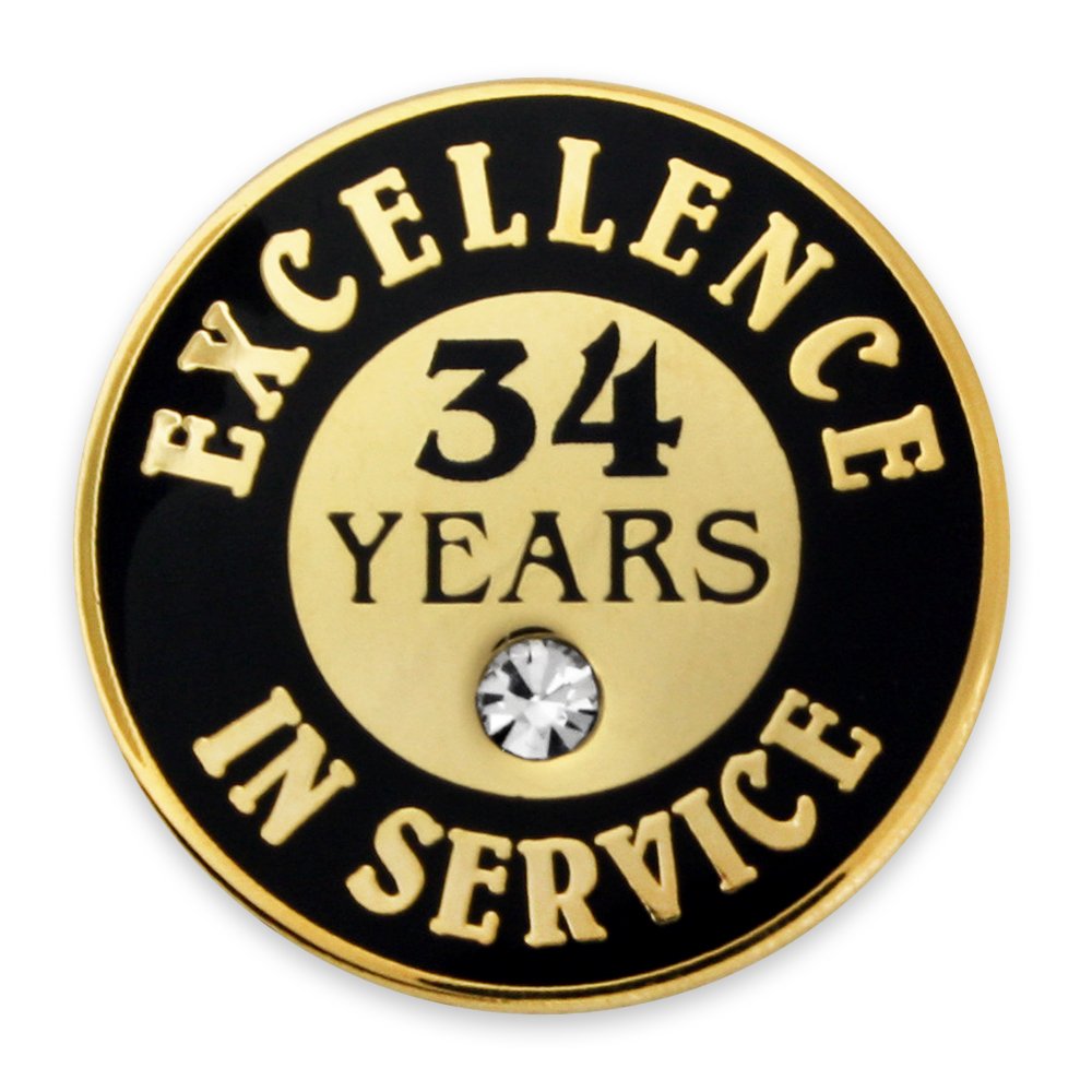 PinMart Gold Color Plated Excellence in Service Year Award Lapel Pin – Metal Enamel Workplace Reward Pin w/Rhinestone – 1-60 Years Pins for Long Standing Employees