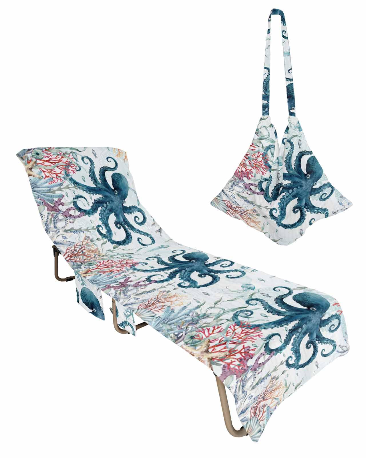Coastal Octopus Beach Lounge Chair Towel Cover, Soft Chaise Lounge Towel with Side Pockets Patio Pool Chairs Cover for Beach/Pool Sunbathing 29x85 Summer Beach Coral Nautical Ocean