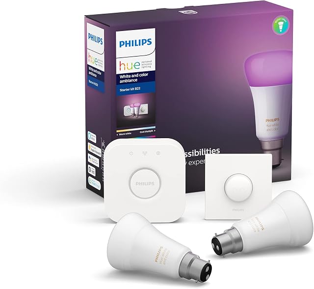 Philips Hue White and Colour Ambiance Starter Kit: Smart Bulb 2x Pack LED [B22 Bayonet Cap] Includes Hue Button + Bridge. Works with Alexa, Google Assistant and Apple HomeKit
