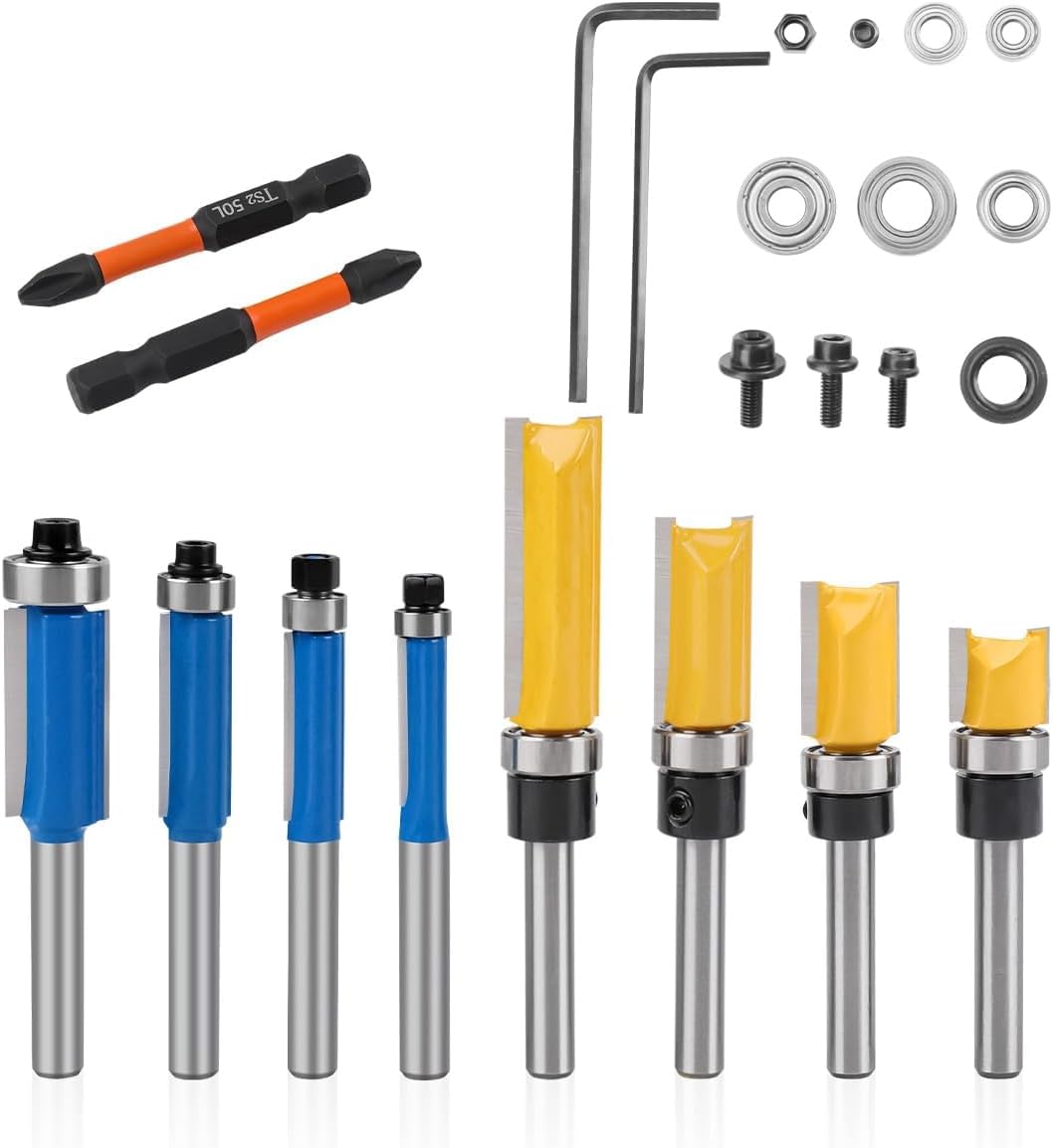 10PCS Router Bits, Including 4 Flush Trim Router Bits 1/4 Shank, 4 Pattern Flush Trim Router Bits with 2 Impact Magnetic Bits, 6 Bearings, 2 Wrenches, Tools for Woodworking Trimming Shavings