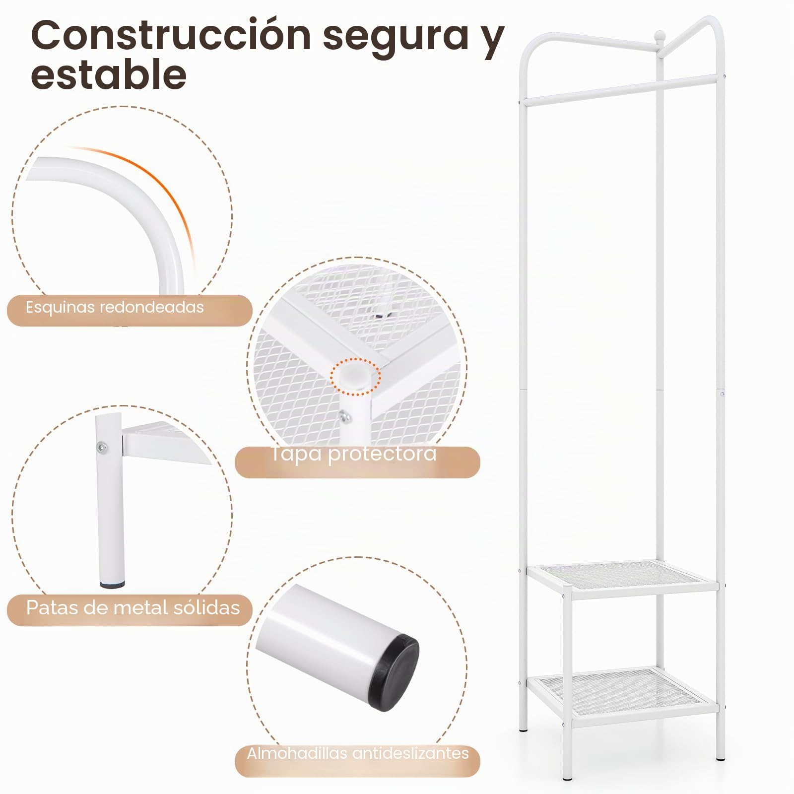HOMASIS Perchero de Pie de Metal Resistente,3 en 1 Perchero de Esquina con Colgador Ropa y Zapatero y Estantes, para Pasillo, Salón, Dormitorio (Blanco)