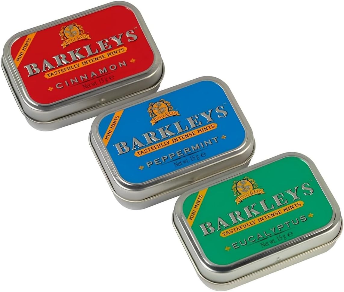 Barkleys Assorted Breath Mints - 3 Strong Flavors: Peppermint, Cinnamon, Eucalyptus Cool Mint Candy For Every Day Use - Vegan Breath Mints In Reusable Classic Travel Tins - 3 Pack - 50 Count Each