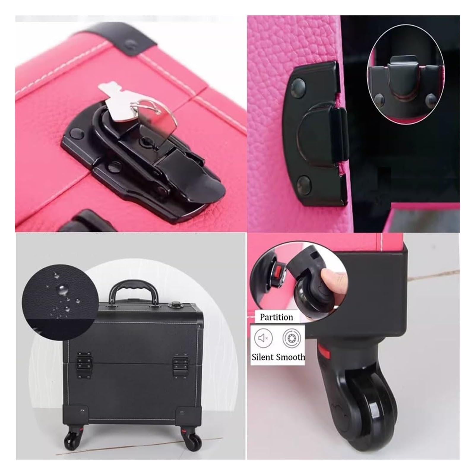 Make-up-Trolley, Rollkoffer für den Kosmetik-Zug, Beauty-Reisekoffer, Reise-Kosmetik-Aufbewahrungstrolley, Spinner-Räder, einziehbarer Griff (Pink, 36,5 x 22 x 39 cm)