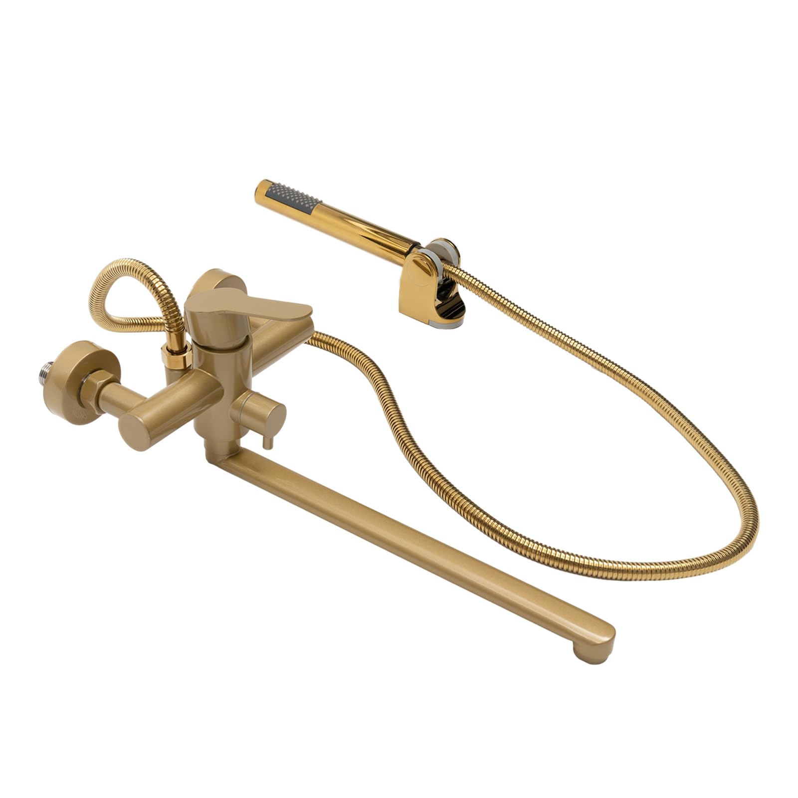 Grifo de bañera giratorio 360°, montaje en pared, de acero inoxidable, color dorado, monomando para bañera, montaje en superficie con ducha de mano y soporte de pared, grifo de ducha, grifo de bañera