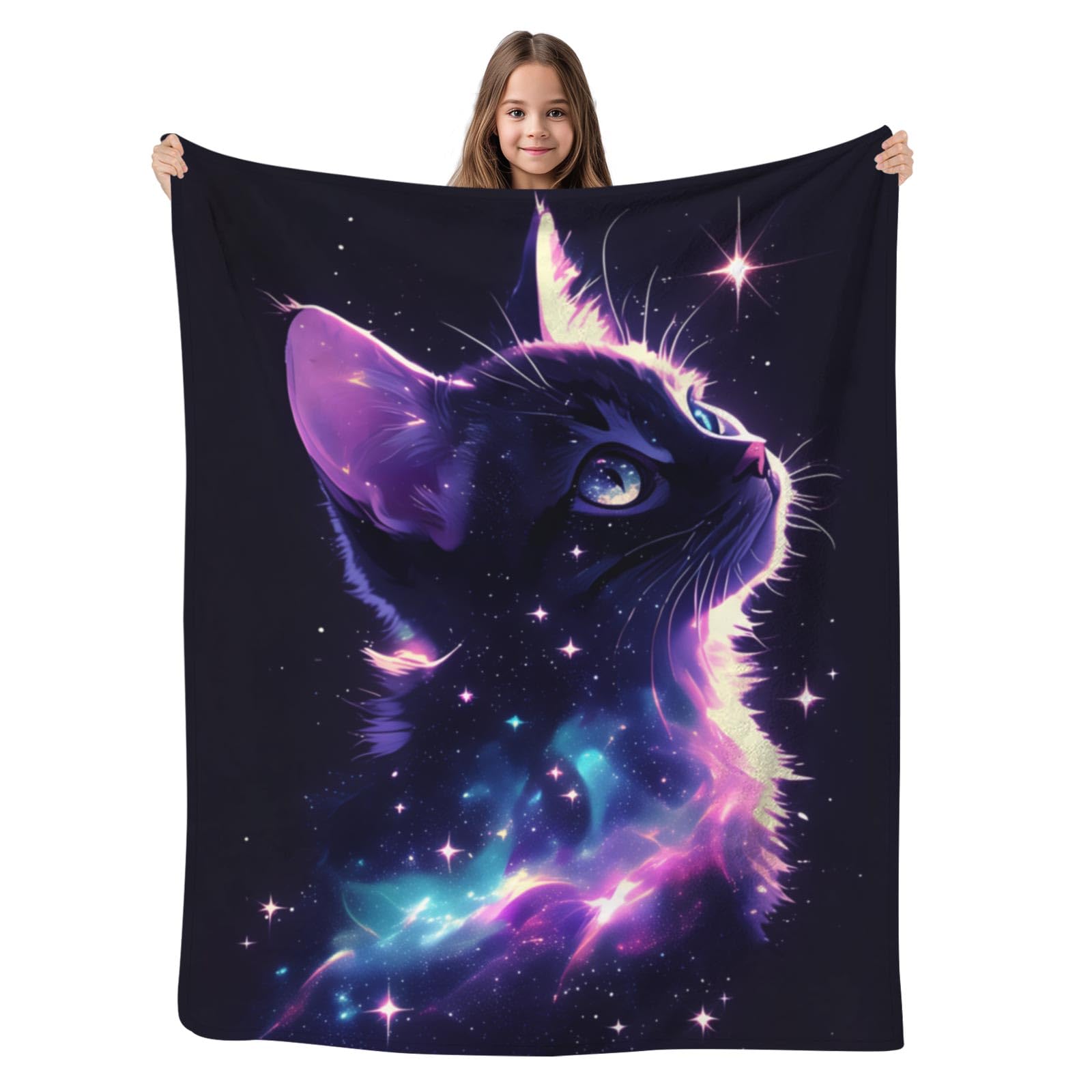 GNEW Cat Gifts Blanket, Cat Gifts for Women Girls Kids Cat Lovers, Black Cat Gifts, Cat Mom Gifts, Funny Galaxy Cat Blanket, Pink Purple Space Cat