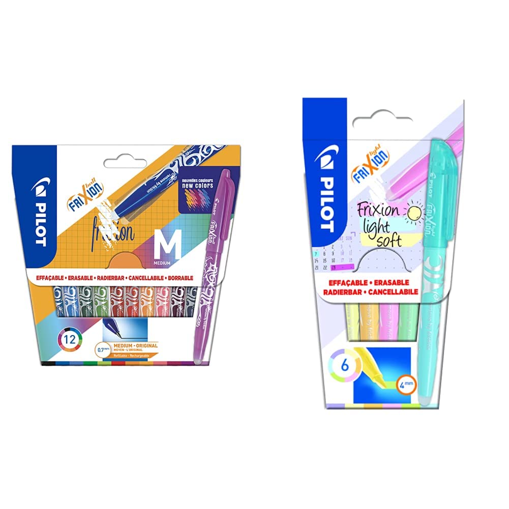 Pilot - 12 Stück Frixion Ball – radierbarer Stift mit thermoensibler Tinte 12 Farben – mittlere Spitze & Frixion Light Soft - radierbarer Textmarker -6er Set Pink/Gelb/Violett/Blau/Orange/Grün