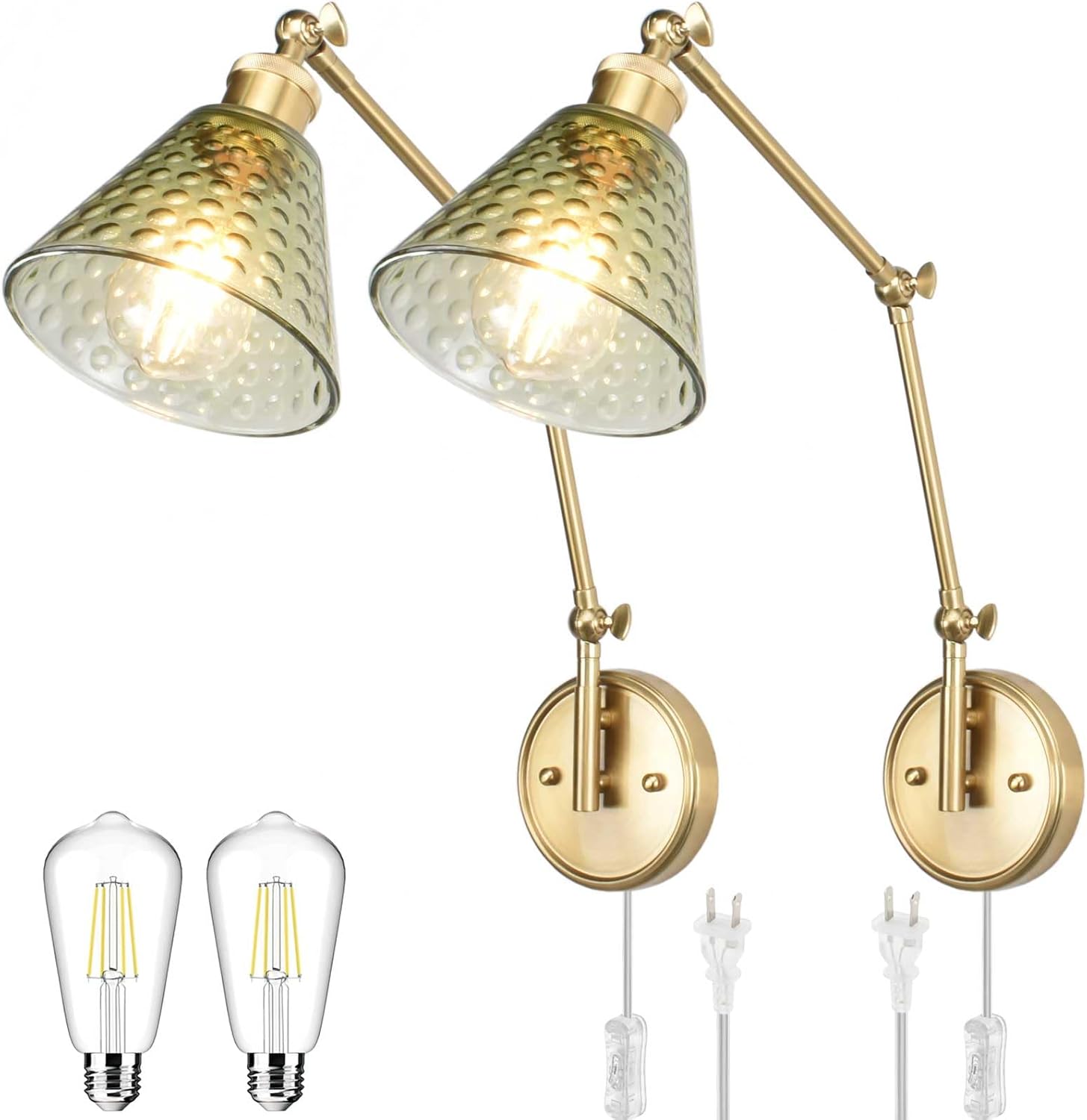 Swing Arm Brass Finish Wall Sconces Set of 2, Polka Dots Glass Lampshade, Plug-in or Hardwire Wall Lamp with Edison LED Bulb, Modern Light Fixture for Living Room, Bedroom, Bedside, Doorway, Hallway