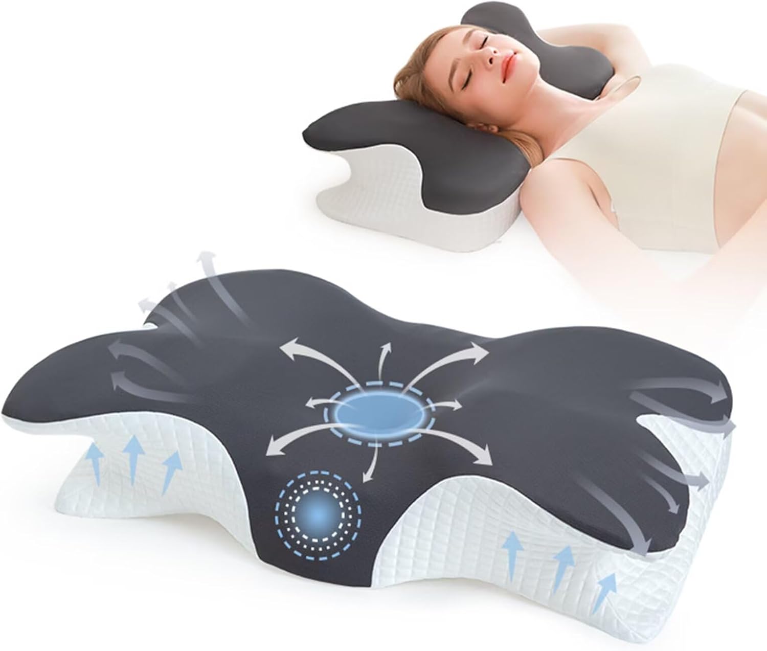 Cervical Pillow for Neck Pain Relief - Cooling Ergonomic -OrthopedicNeck Pillow with Pillowcase, Breathable Memory Foam Contour Pillow for Side, Back, Stomach Sleepers(Blue Butterfly Shape)