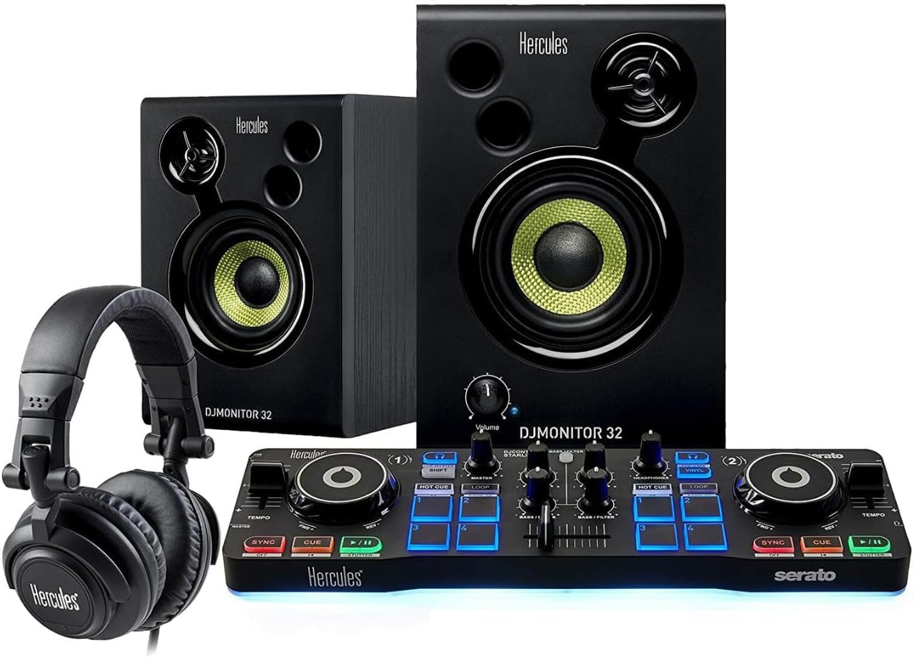 Hercules DJ Starter Kit | Starlight USB DJ Controller with Serato DJ Lite Software, 15-Watt Monitor Speakers, and Sound-Isolating Headphones