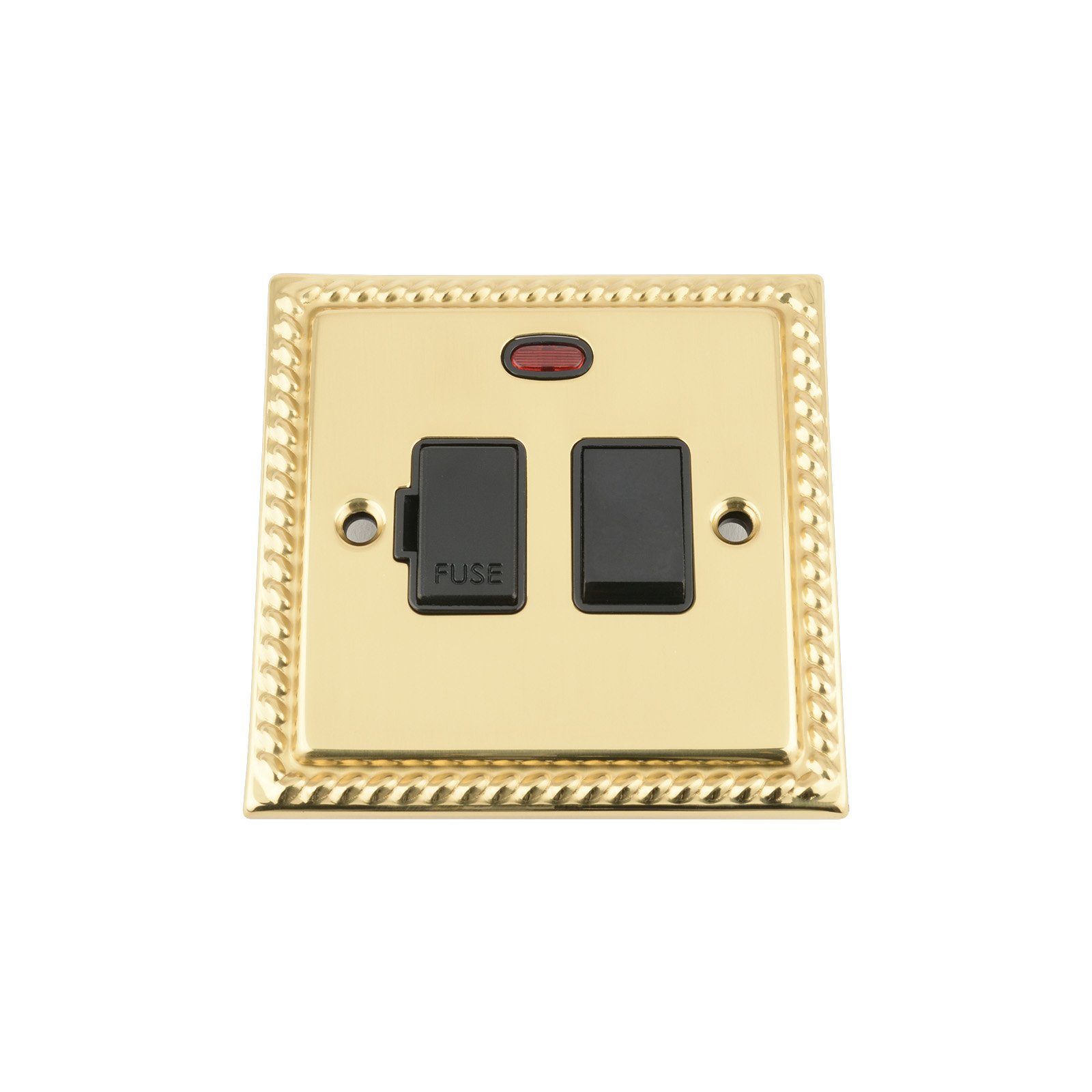 A5 Products Black Fused Switch With Neon - Polished Brass Georgian - Insert Plastic Switch - 13 Amp Switched Fused Spur Unit