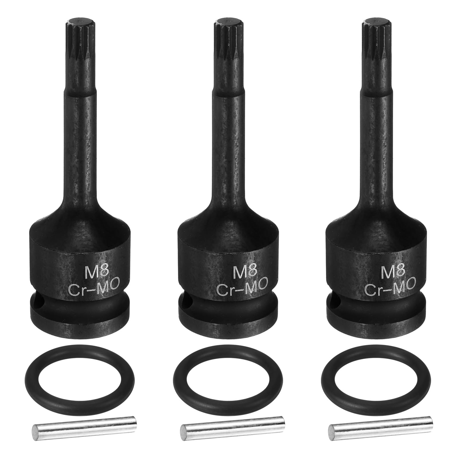 sourcing map 3pcs 1/2" Drive M8 Triple Square Impact Spline Bit Socket 8mm CR-MO Steel 12-Point Triple Square Sockets with Cotter Pin and O-Ring for Power Drill Drivers Adapter