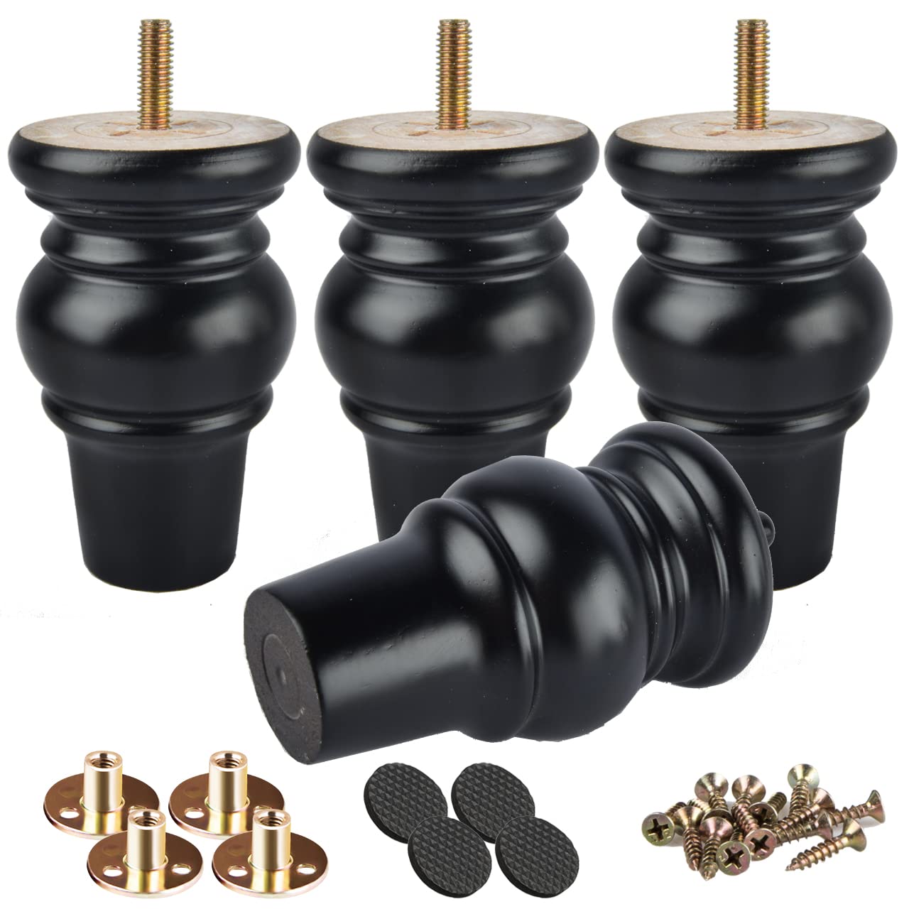 4-Pack 2 Inch Wooden Furniture Legs - Solid Wood Bun Feet With M8 Hardware For DIY Furniture Upgrade