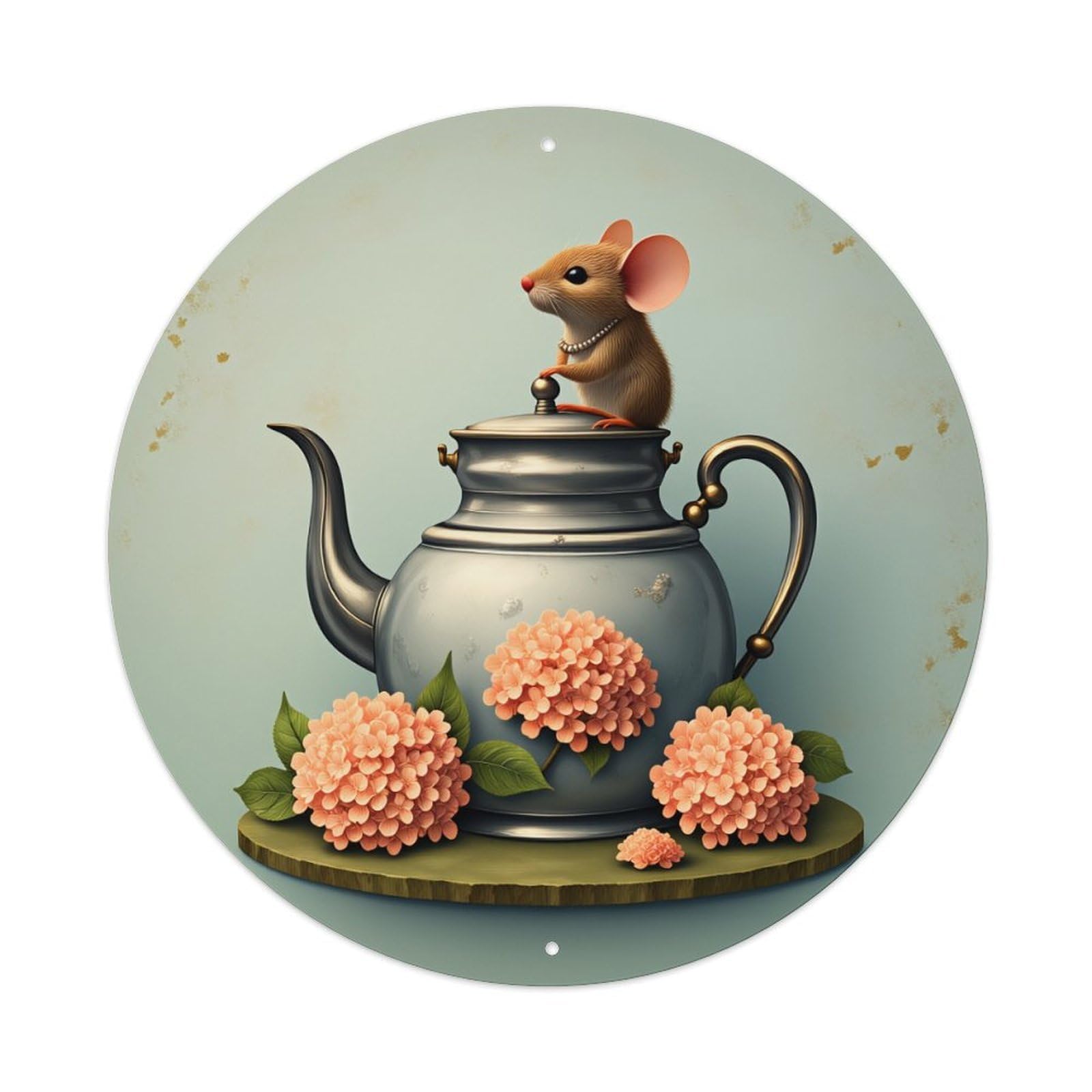Wmlzdnwr Vintage Mouse On Teapot With Flowers And Pearl Necklace Round Tin Sign,Retro Wall Art,Metal Poster For Home, Bar, Garage, Cafe, Rustic Indoor & Outdoor Decor, 8X8 Inches