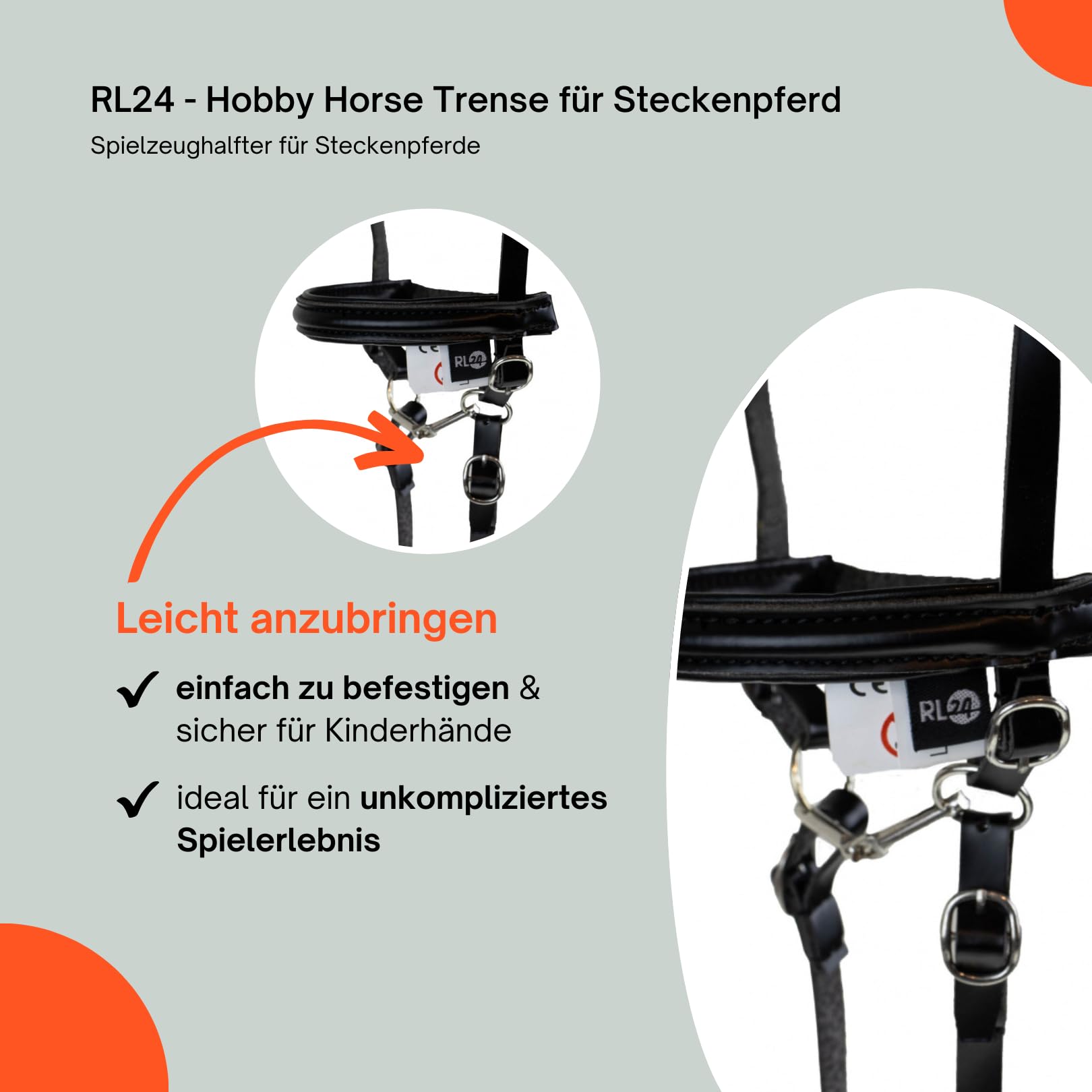 RL24 - Hobby Horse Trense für Steckenpferd – austauschbares Stirnband – aus Kunstleder – Hobby Horse Zubehör – Stockpferd Trense in Schwarz