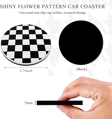 Miniatura 2 de 4 posavasos para automóvil, 2.76 pulgadas, antideslizantes, a cuadros, portavasos de vehículo, tapetes blancos y negros para consola delantera,
