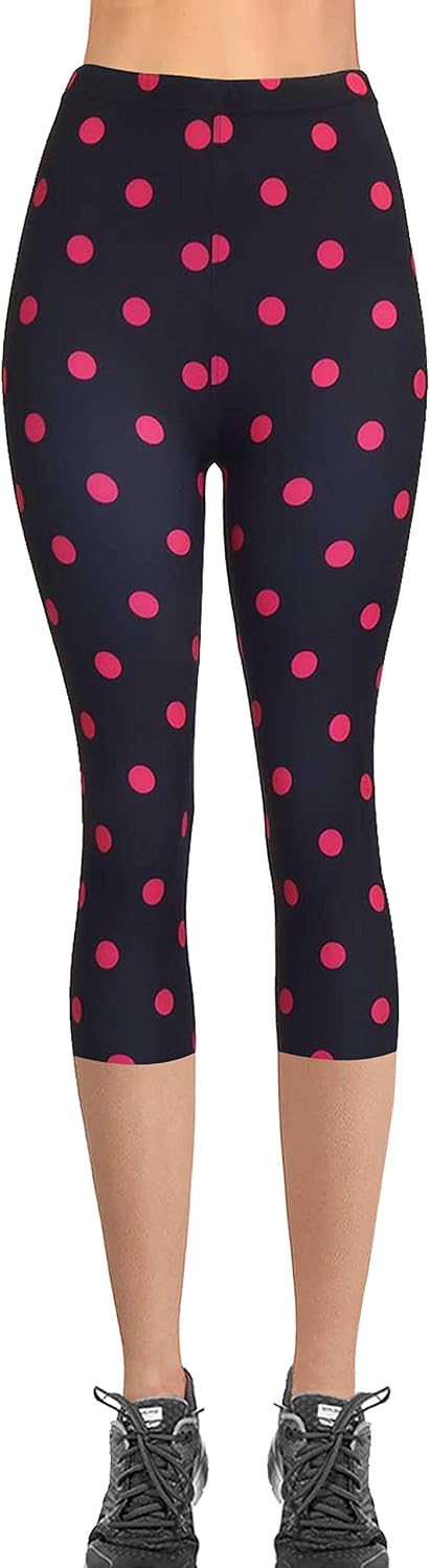 VIV Collection One Size Print Capri Leggings, Hot Pink Dots