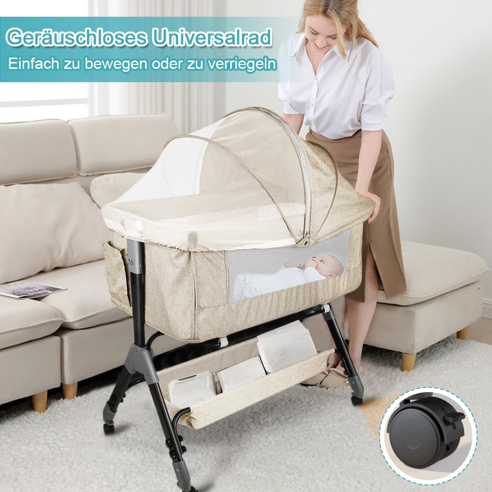OHMG 3 en 1 Lit Cododo Bébé avec Matelas et Roues,Berceau évolutif,LIT Bebe,Parc Enfant,4 Hauteur Réglable et de l’Inclinaison,Charge 9kg pour 0-5 Mois,104 * 52 * 103-115cm (Blanc cassé)