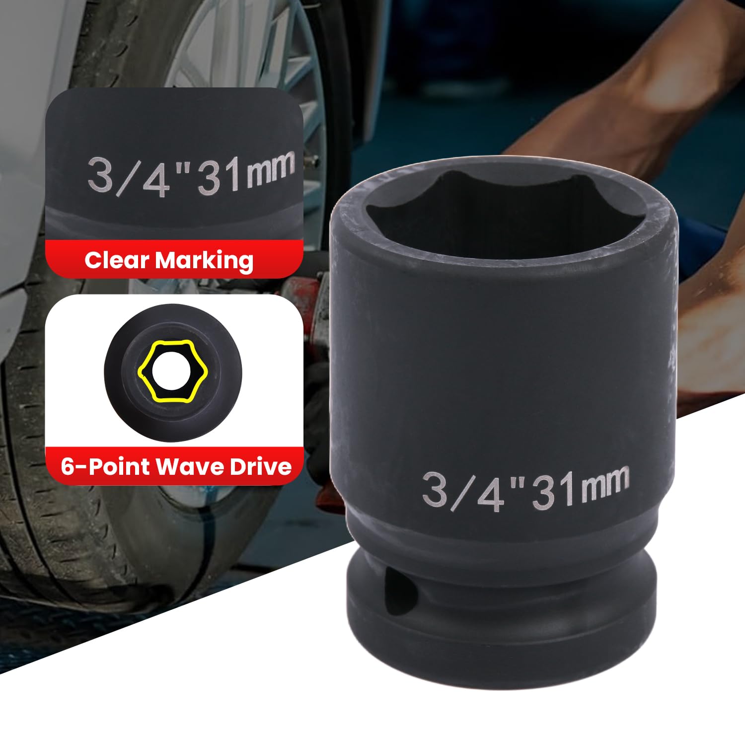 Deep 6-Point Impact Socket 3/4" Drive 31mm,Chrome Molybdenum Steel, Anti-Rust Metric Hex Socket for Car Repairs and Impact Wrench - Image 3