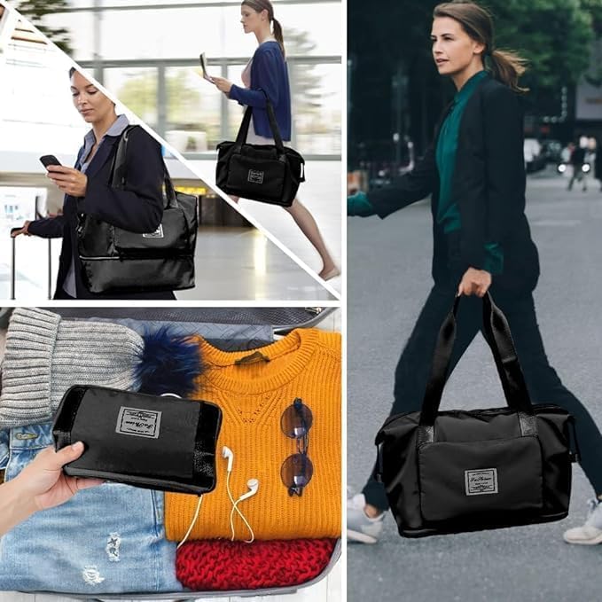 Image of HAKKU Premium Foldable Duffle Bag for Travel for Women-Folding Bags for Travelling-Travel Bag for Women-Multipurpose Foldable Bags for Travelling (Modern, Black)
