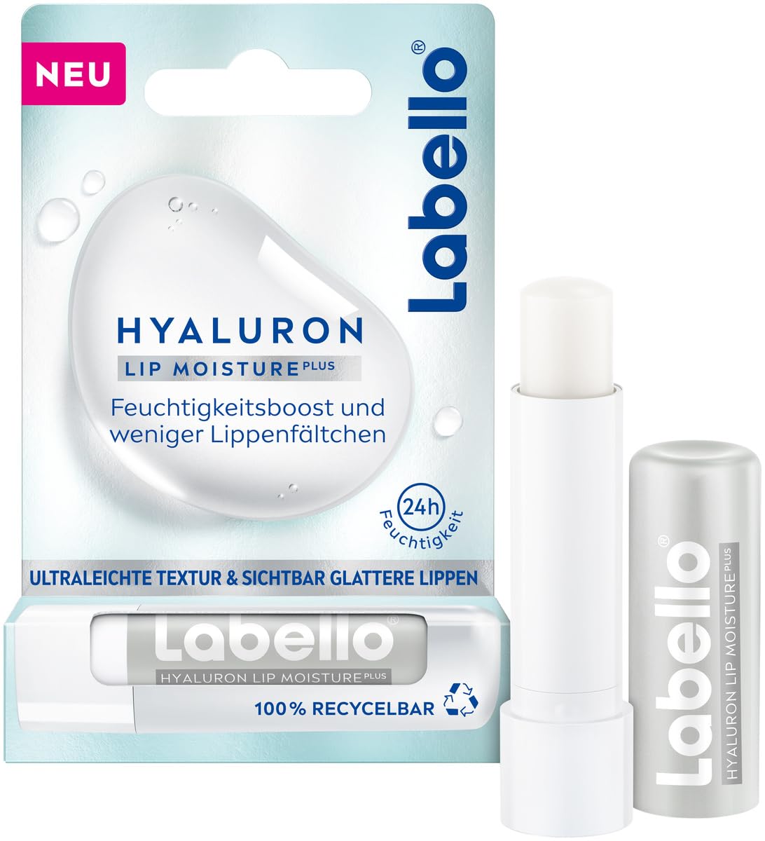Labello Lippenpflegestift mit Hyaluronsäure für 24h Feuchtigkeit, Lippenbalsam mit ultraleichter Textur, Lippenpflege für weiche Lippen, Hyaluron Lip Moisture Plus (5,2 ml)