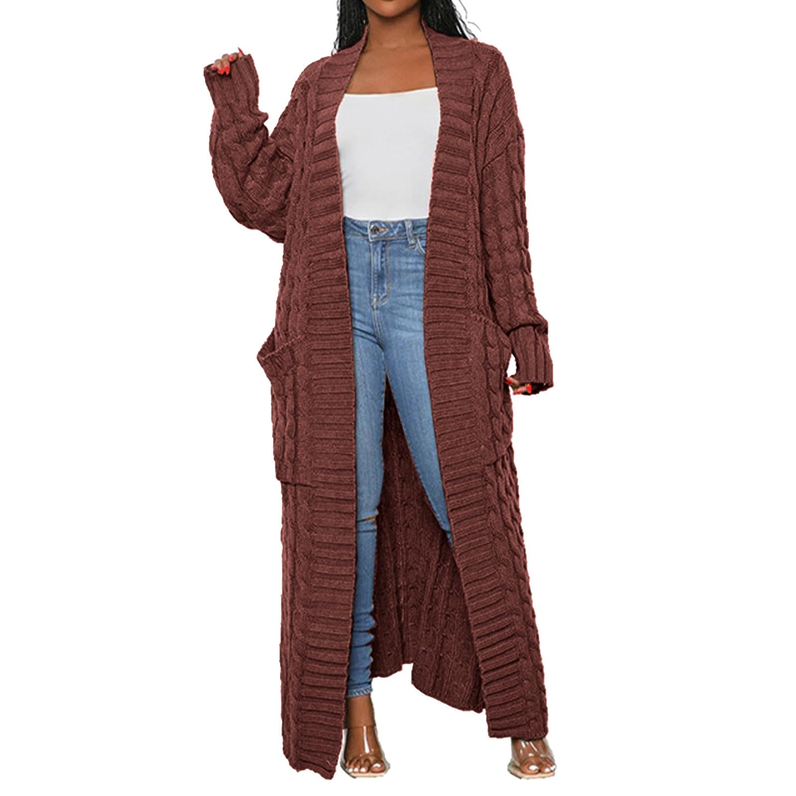 Langer Cardigan Damen Strick, Strickjacke Beige Bequeme Strickmantel