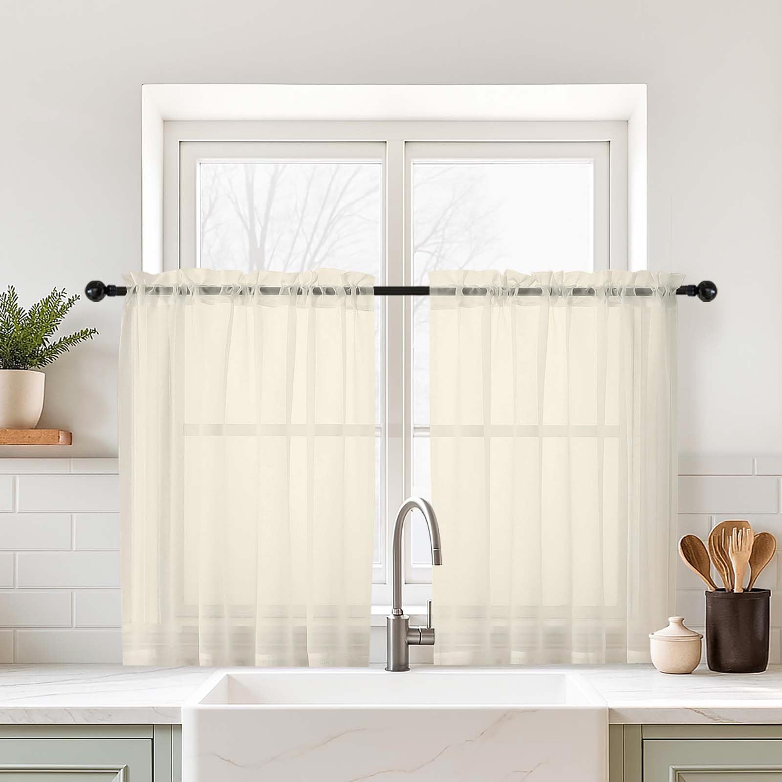 Ebesto Cream Sheer Curtains Tier 30 Inches Length 2 Panels Set, Light Filtering Lightweight Soft Window Treatments Drapes, Cute Elegant Cafe Curtains for Nursery, Dual Rod Pocket, 2x42Wx30L Inches
