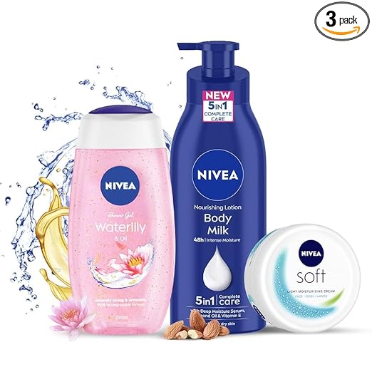 NIVEA Complete Regime Kit – Soft 300ml Moisturizing Cream,Body Milk 400ml Nourishing Lotion & WaterLily Flower 250ml Refreshing Shower Gel at Rs. 840