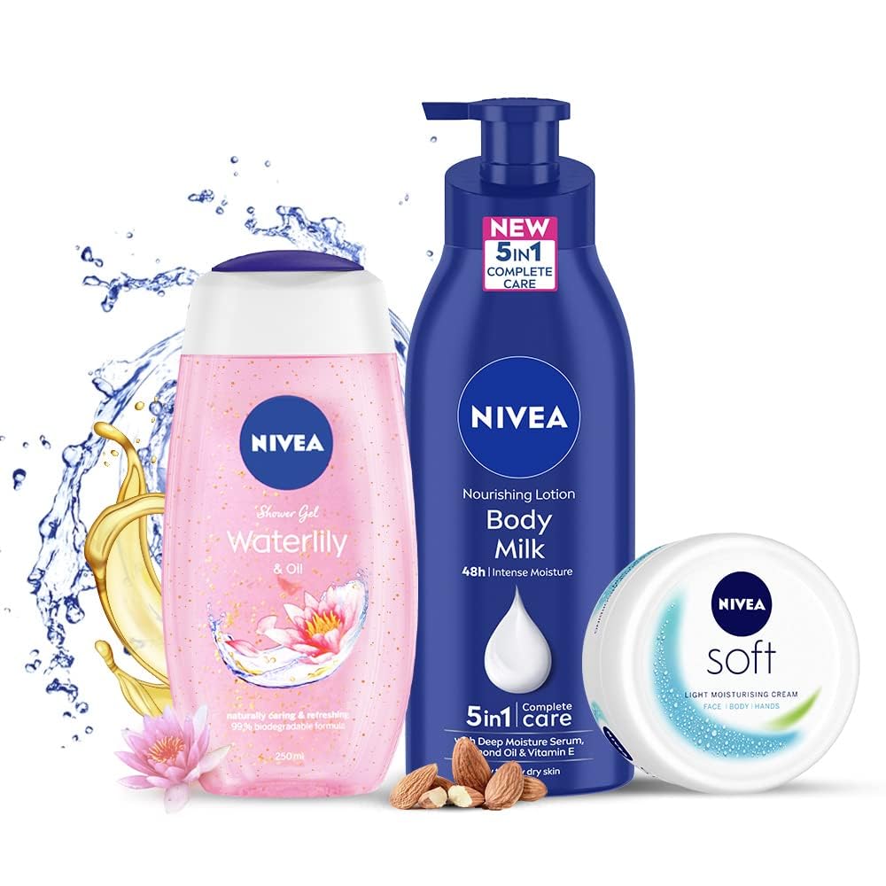 NIVEA Complete Regime Kit - Soft 300ml Moisturizing Cream, Body Milk 400ml Nourishing Lotion & Water-Lily Flower 250ml Refreshing Shower Gel-picture-20