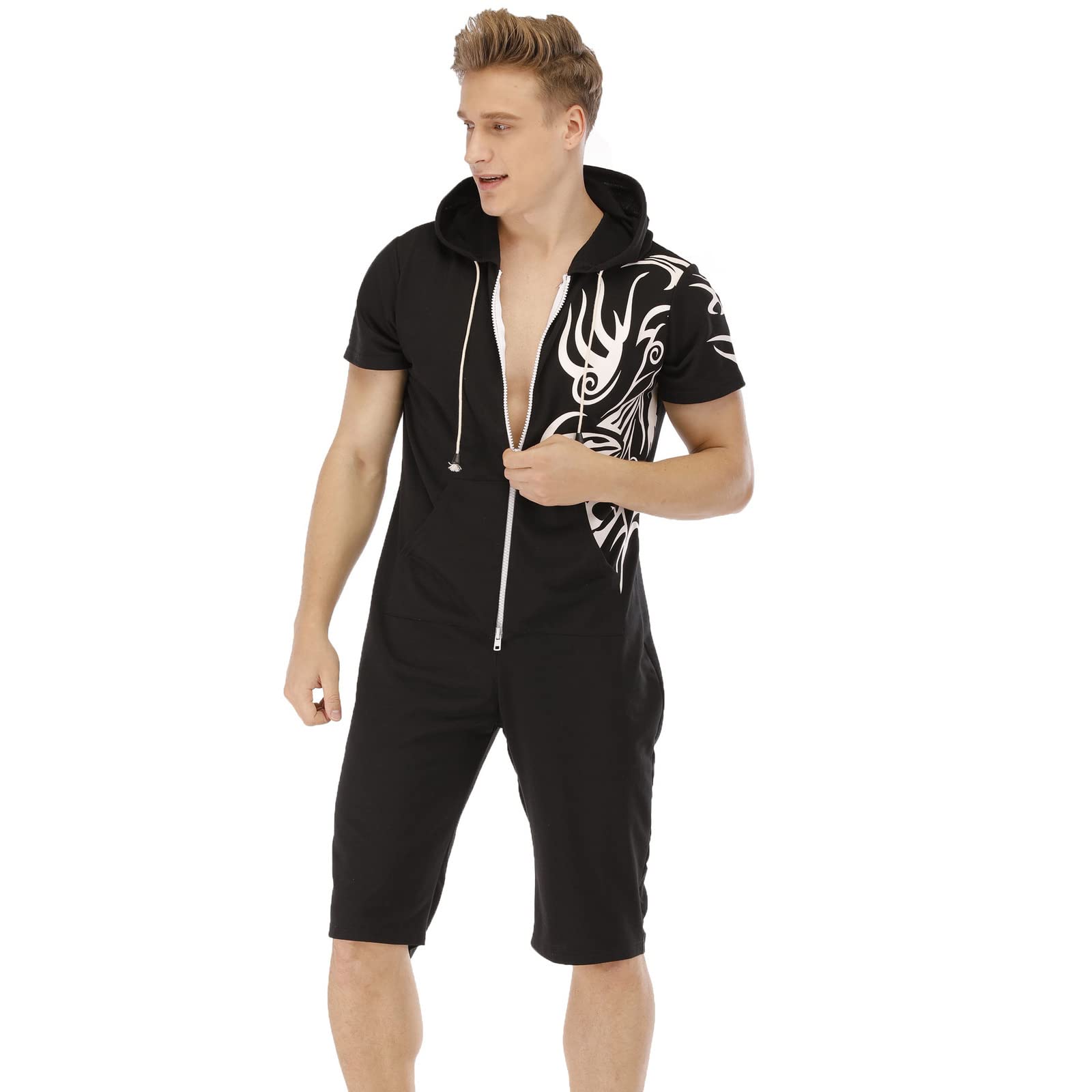 Combinaison Pyjama Court Hommes Grenouillères a Capuche Manches Courtes Short Été Confortable Zippé Adulte Une Piece Homewear Survêtement Onesie