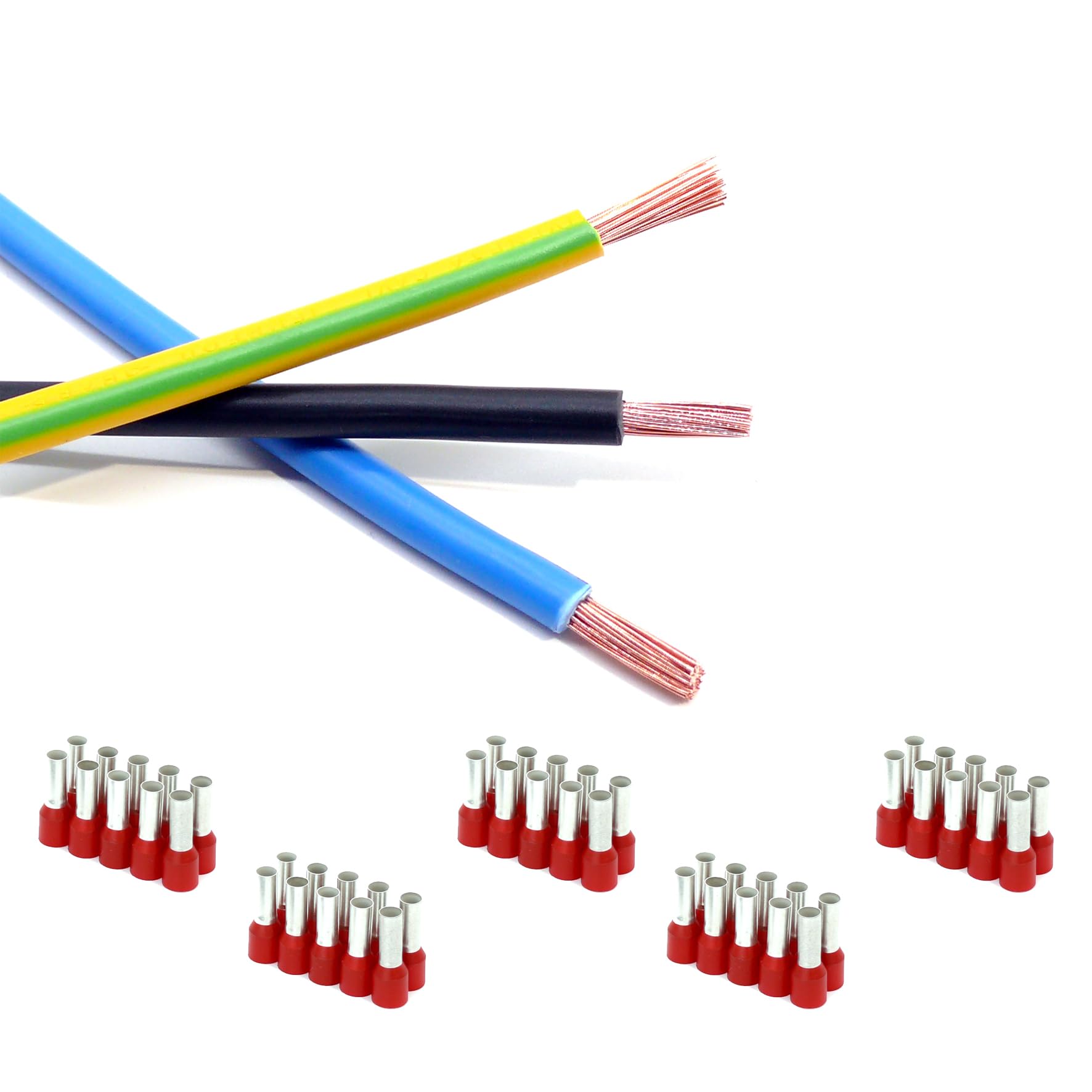 Event-Kabel&more-Set Verdrahtungssatz 15m schwarz, 5m blau, 5m grün/gelb Aderleitung flexibel H07V-K 10 mm² inkl. Aderendhülsen 10mm2 für Zählerschrank Verteilung (Set 15m/5m/5m 50AEH)