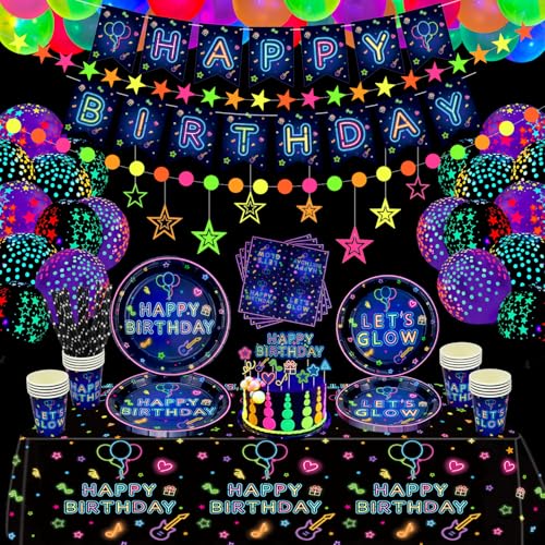 180 Pack Glow Party Paquete de accesorios para fiestas luminosas Juego de vajilla para fiestas de neón Platos con globos de neón Banner Servilletas Tazas para decoración de fiestas con luz negra