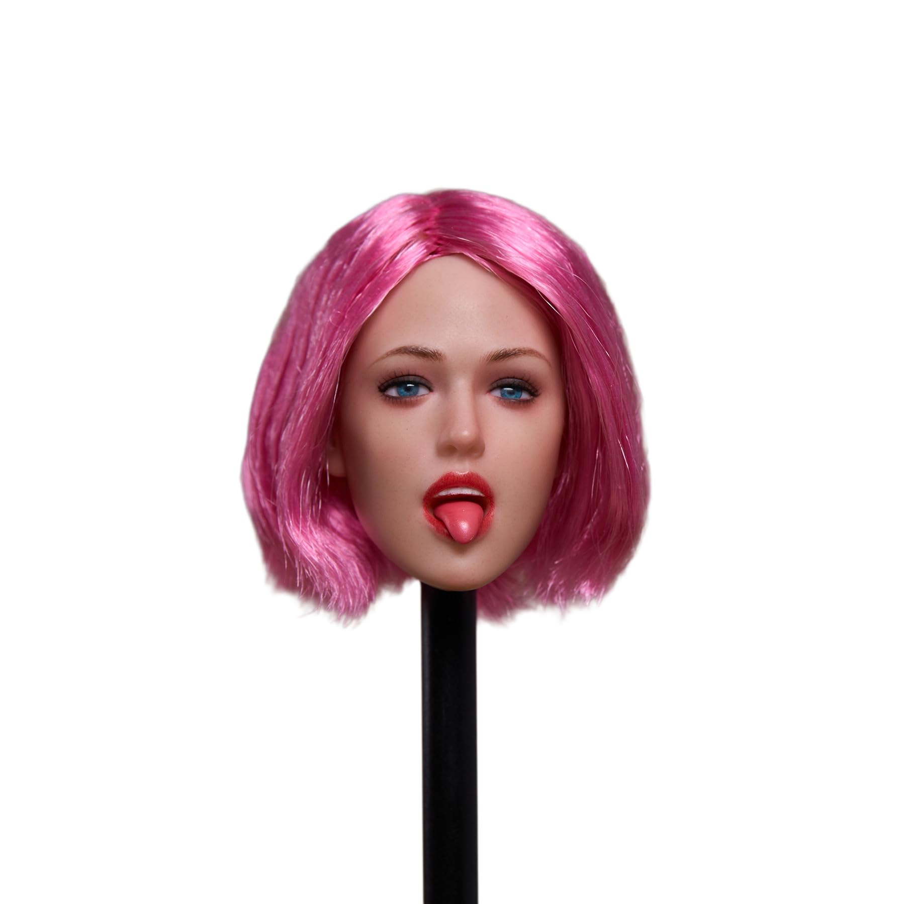 Tête de femme 1/6 aux cheveux roses foncés avec expressions et langues interchangeables