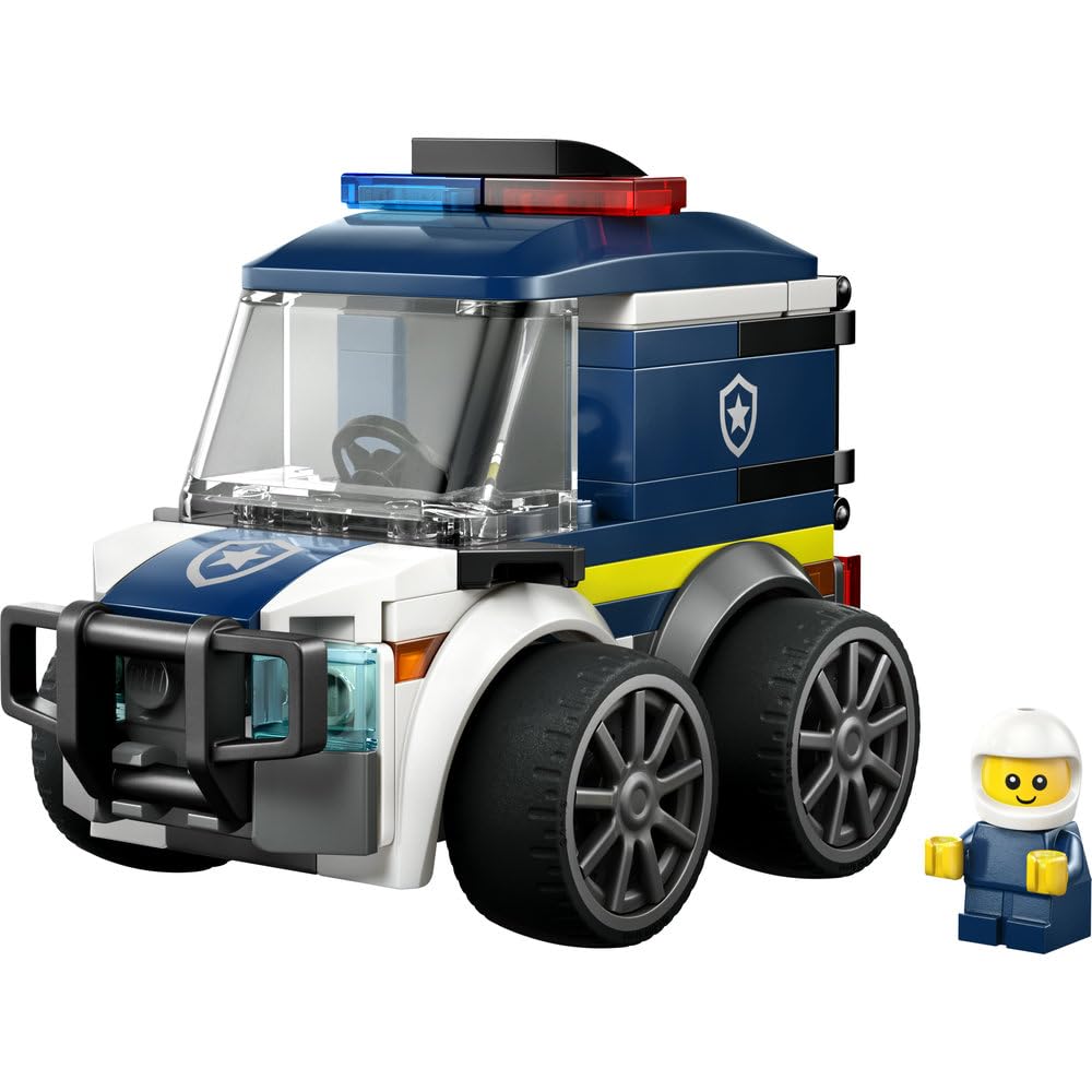 LEGO City Pojazdy — Ciężarówka policyjna, pojazd ratunkowy, zabawka dla dzieci z minifigurką małego policjanta, pomysł na prezent dla 5-latka na urodziny, klocki dla chłopca i dziewczynki 60481