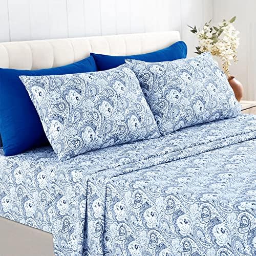 Lux Decor Collection Bed Sheets - 6 Pc Full Size Bed Sheets - 1800 Thread Count Brushed Microfiber Sheets - 16 Inches Deep Pocket Bedding Sheets & Pillowcases (Full, Paisley White/Blue)