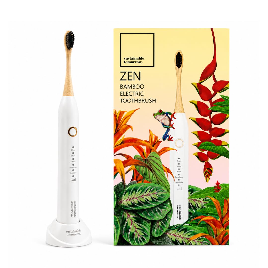 Sustainable Tomorrow Zen Bamboo Spazzolino da denti elettrico per adulti, modello wireless perlato, ricaricabile con setole morbide a base vegetale, teste in bambù, 5 modalità e batteria a lunga