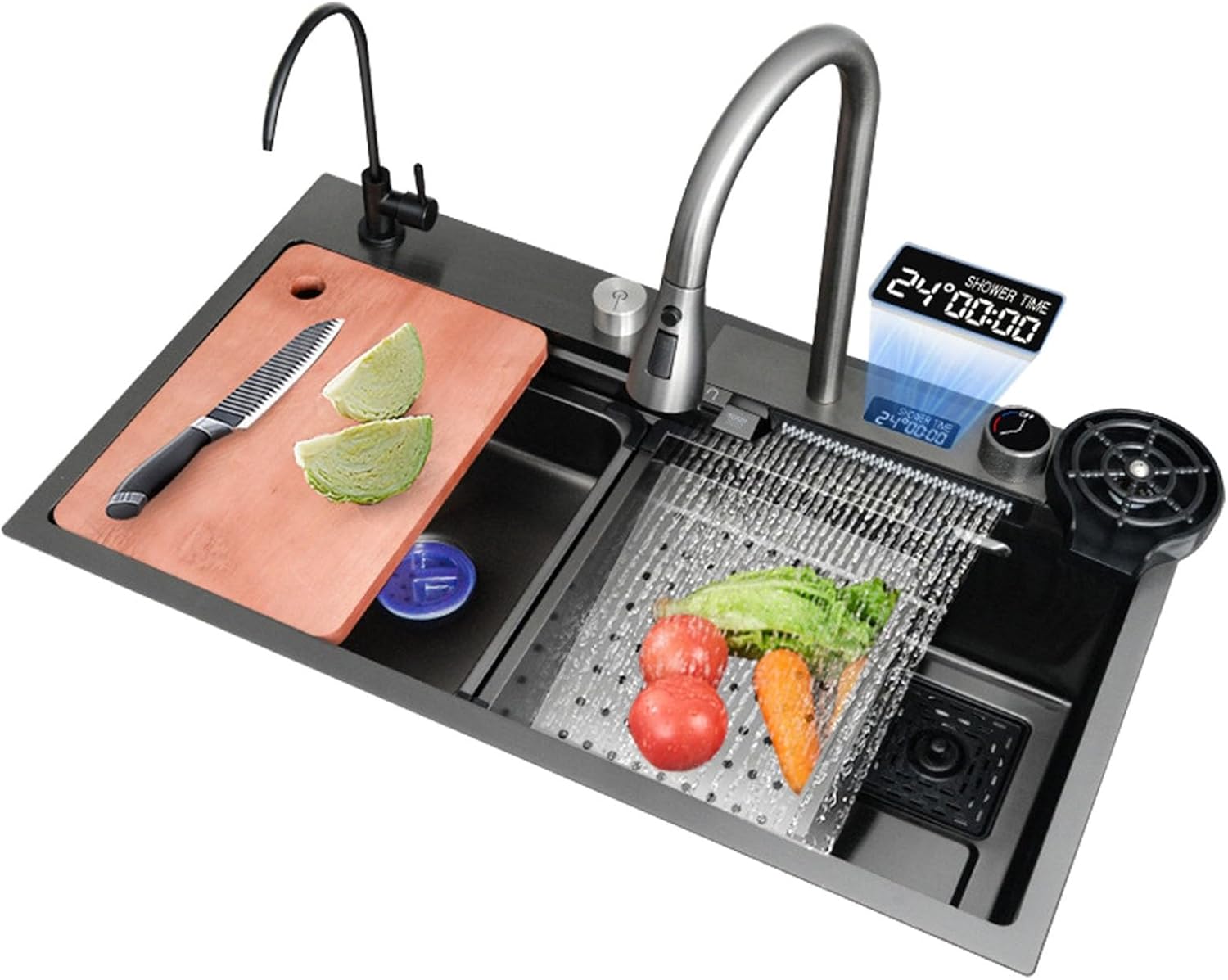 Évier De Cuisine Multifonctionnel Cascade Noir Avec Robinet De Poisson Volant Retractable 80x45cm
