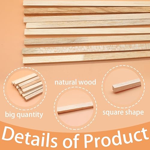 Miniatura 10 de Benvo 50 palitos de madera de balsa, tacos cuadrados de madera sin terminar, tiras de madera dura natural largas, bastones para manualidades,