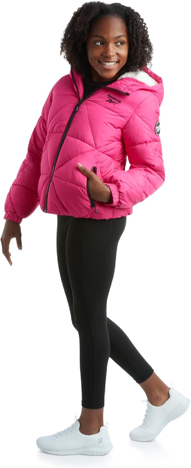 Reebok Girls Heavyweight Quilted Cropped Puffer Parka with Sherpa Lining