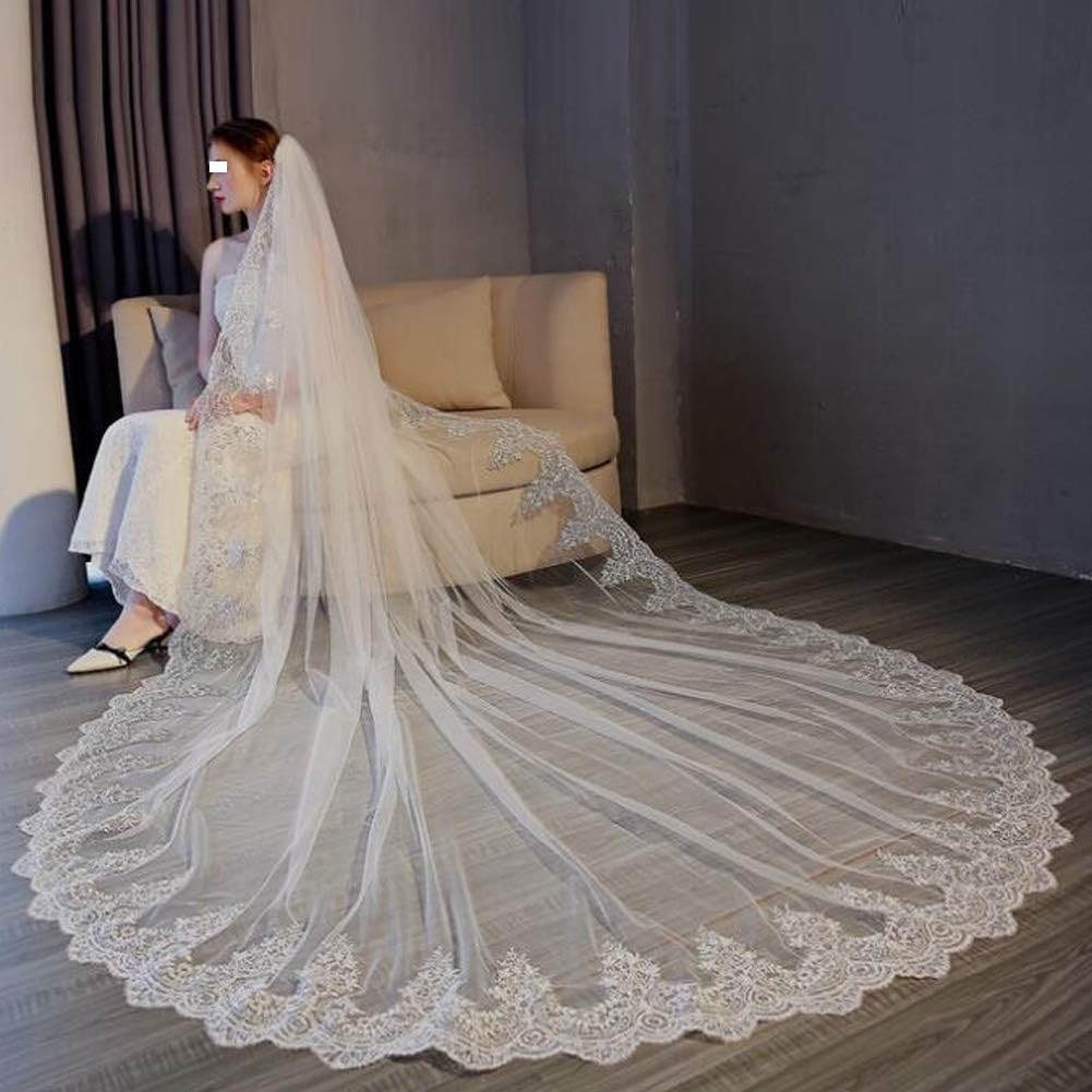 ALturN Hochzeitsschleier, Brautschleier, 3/4/5 Meter, eine Lage, Langer Spitzen-Brautschleier, Hochzeitsschleier, Kathedrale, Brautschleier, Weiß/Elfenbein(White,4 * 3 Meters)
