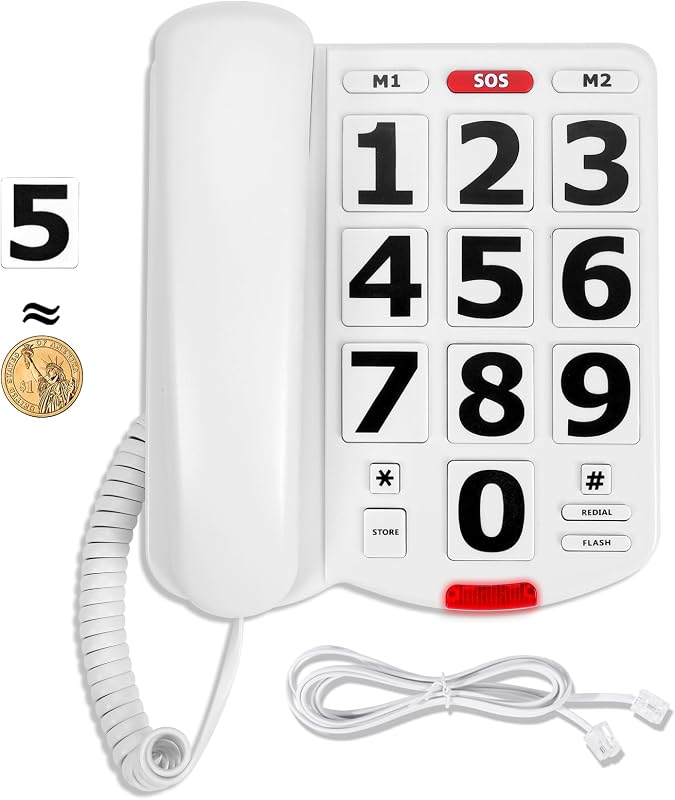 Teléfonos de gran número para personas mayores, teléfonos de botones grandes para personas mayores | Timbre extra fuerte de 110 dB, volumen ajustable, 3 marcaciones rápidas con un solo toque, teléfono fijo para personas con discapacidad visual y auditiva