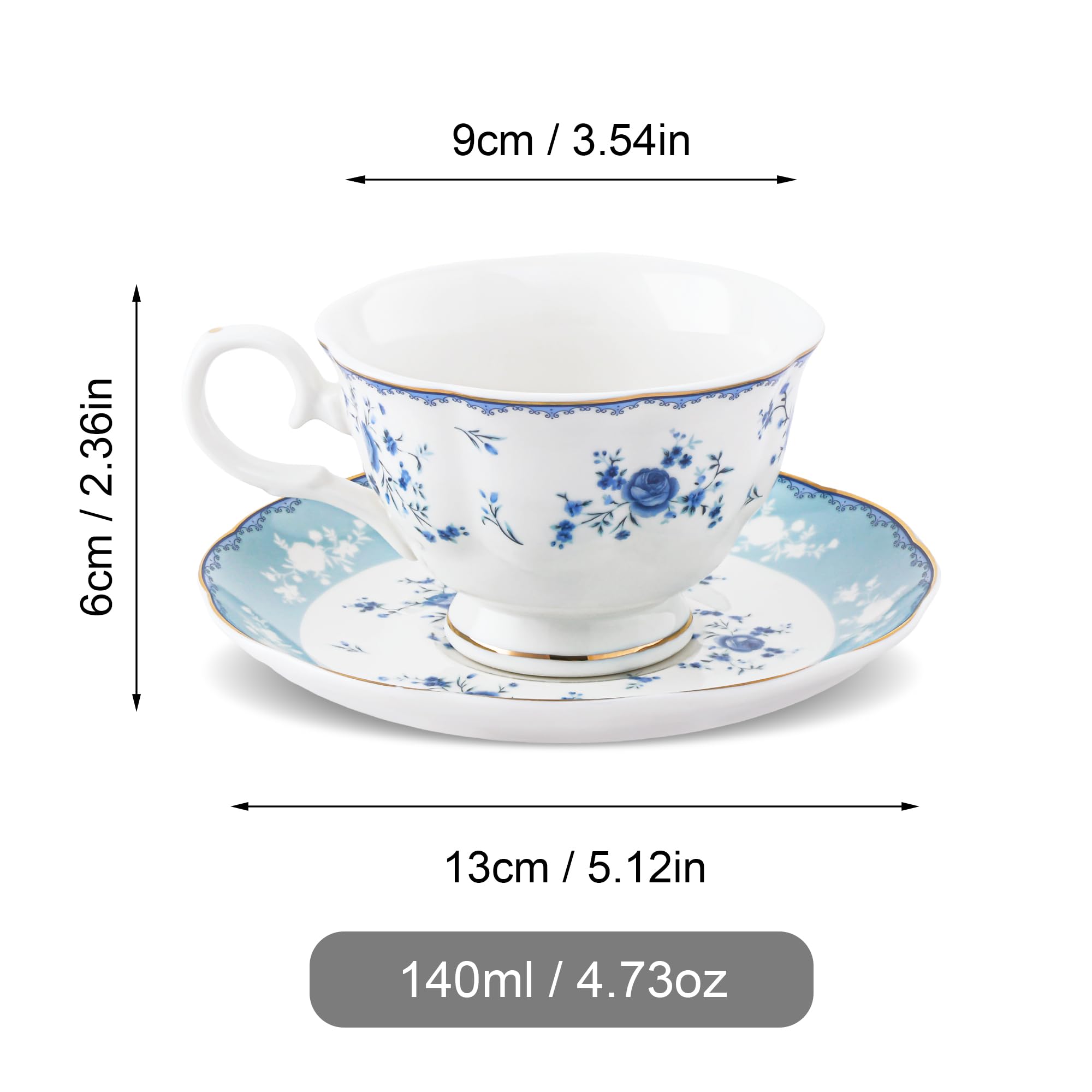 fanquare Lot de 6 Tasses à Thé Bleues à Fleurs et Soucoupes, élégantes Tasses à Café en Porcelaine Britannique, Tasses à Thé pour Femmes Adultes 150 ml