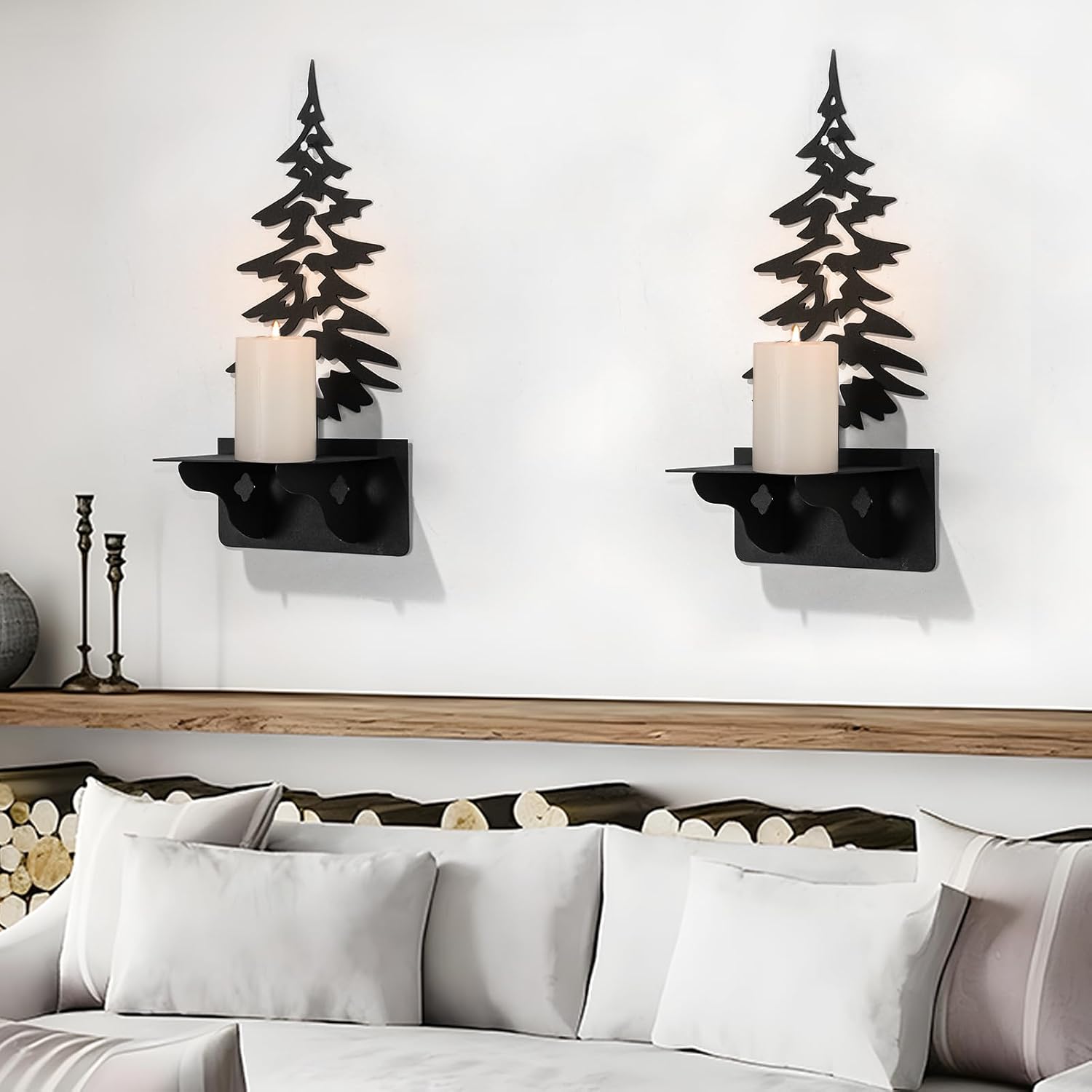 Pine Tree Black Metal Candle Holder, Metal Candle Holder, Candlestick Holders, Candle Stick Holder, Black Candlestick Holders, Tree Wall Decor for Living Room(Black1, 6.2x 12.6inches, 1 piece)