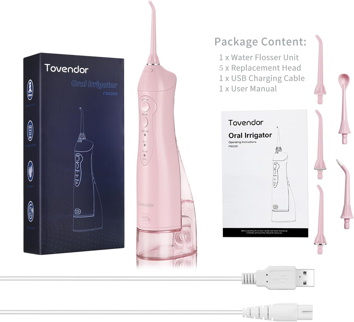 TOVENDOR Electric Water Dental Flosser Teeth Pick, Cordless Flossers Oral Irrigator IPX7 Waterproof 300ML Rechargeable Travel Water Teeth Cleaner with 5 Tips for Home Braces Care Gums Deep Cleaning - Image 9
