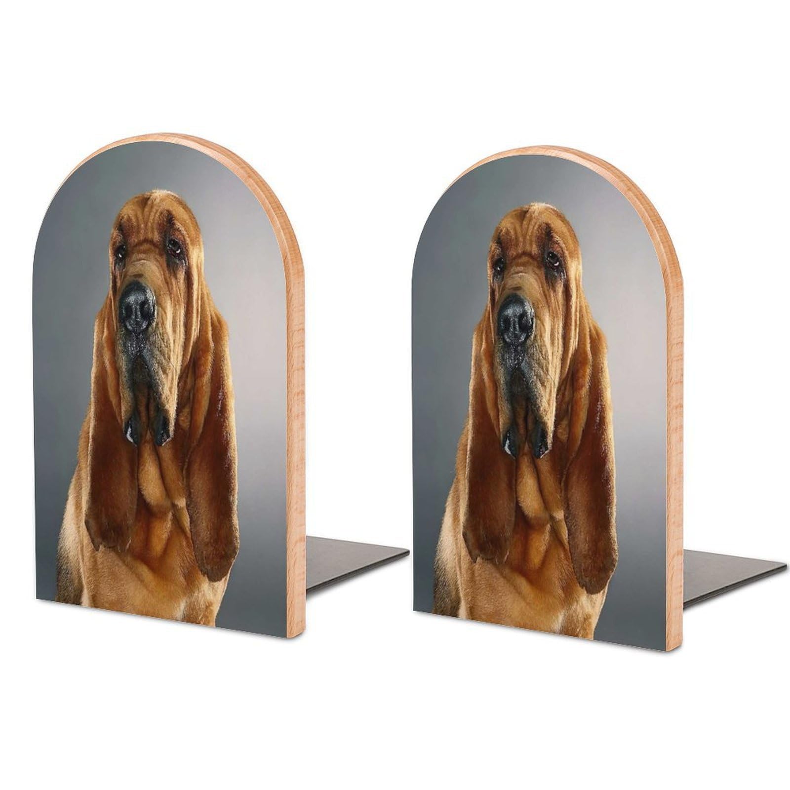 Sad Bloodhound Dog Print Beech Wood Bookends Heavy Duty Book Organizers Desktop File Holder for Office Home Bookshelf