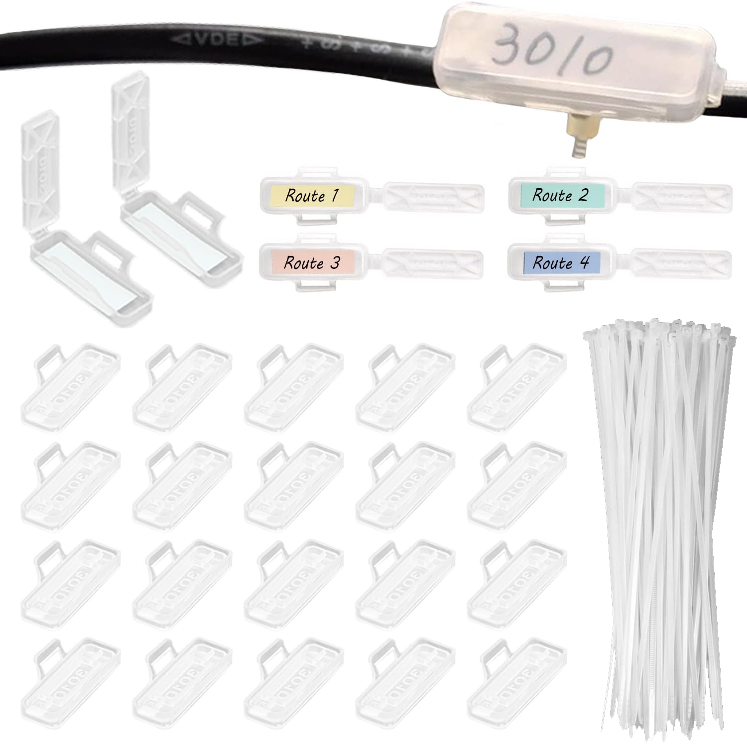 Rhqfdm Transparent 50Pcs Cable Labelling Clips,Waterproof Cable Labelling Identification Box With 50Pcs Nylon Cable Ties,For Label Management And Identification(3010)