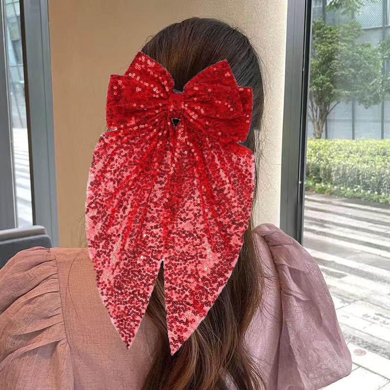 Red Glitter Sequin Hair Bow Clips for Women Girls Big Hair Bows Barrettes Ribbon 8 inch Bow Hair Clip Sparkly Hair Ribbons Bowknot Hair Clips for Women Festival Hair Accessories - Image 2