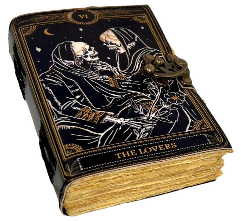 Libro degli incantesimi diario rilegato in pelle con bordo in carta Grimoire stampato Diario Diavolo Notebook a spirale gotico antico libro vintage per uomini e donne (The Lovers)